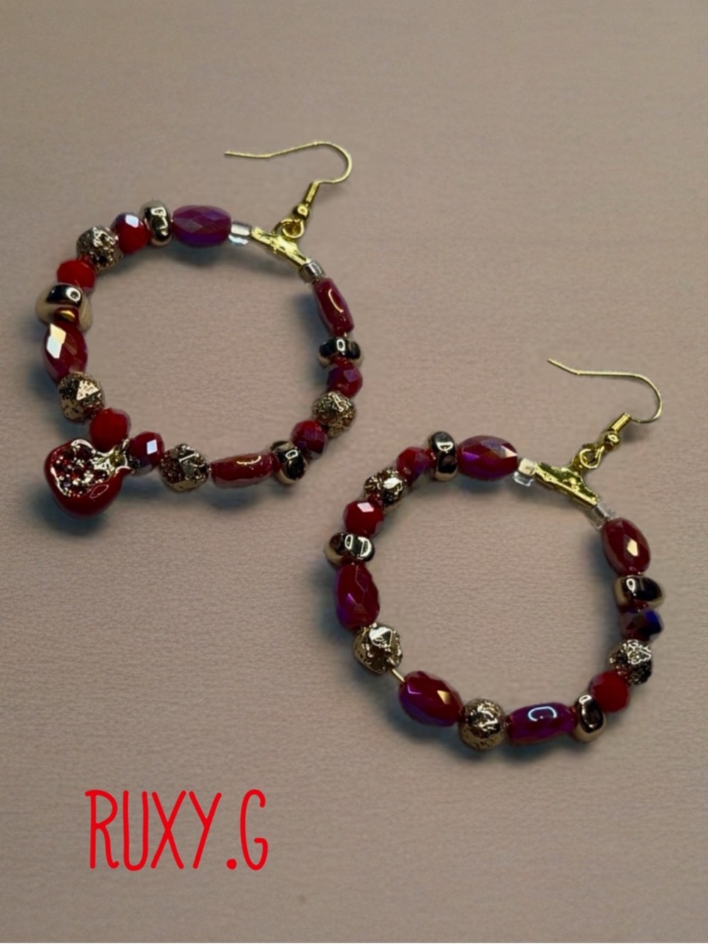 Red Beaded Hoop Earrings - Women's Jewelry w/ pomegranate charm - Picture 3 of 6